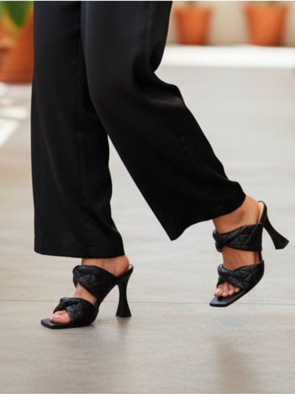 Quilted Black Block Heel Mules With Open Toe & Crossover Straps - LovMarie Women